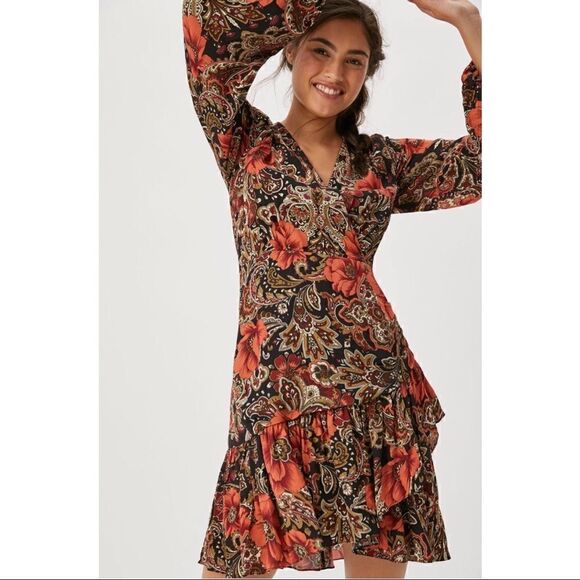 NEW Anthropologie Atsu Tenley Ruffled Floral V-Neck Drop Waist Mini Dress Size 0 - Picture 1 of 3